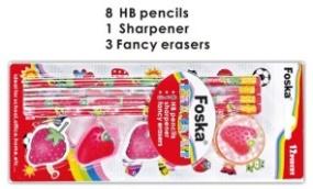 FOSKA-SET 8 CRAYONS A BOIS + 1 TAILLE CRAYON + 3 GOMMES AR8019