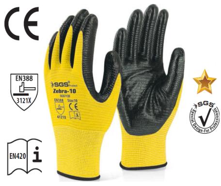 SGS ZEBRA NITRILE COATED POLYESTER KNITTED GLOVES YELLOW ZEBRA-10  SGS7130