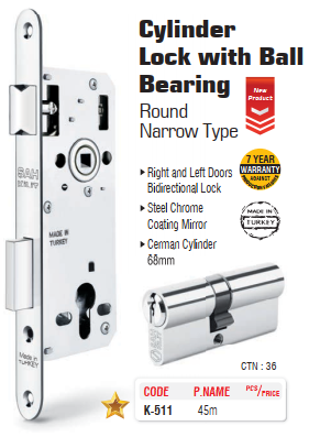 SGS CYLINDER LOCK WITH BALL BEARING ROUND NARROW TYPE 45MM K-511