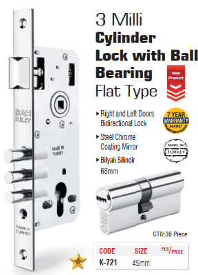 SGS CYLINDER LOCK WITH BALL BEARING FAT 3MILI FLAT TYPE 45MM K-721