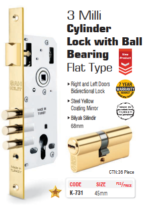 SGS CYLINDER LOCK WITH BALL BEARING FAT 3MILI FLAT TYPE 45MM K-731