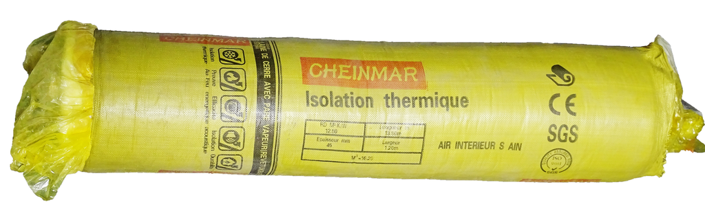 GLASS WOOL(Laine de verre)= Density: 12.5kg/m3-Thickness:45mm - Size:1.2x13.5m