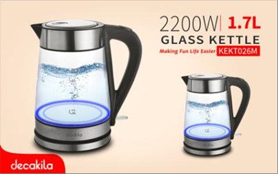ELECTRIC KETTLE-GLASS 1.7L 2200W DECAKILA