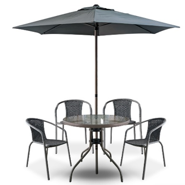 LOT DE 6 PCS MEUBLE DE JARDIN (1 PC TABLE REF LRRCS-004B-T SIZE D80*H70 + 4 PCS CHAISES EXT REF 004B/B SIZE W67*D165*H77 COLOR BROWN FRAME/ GREY RATTAN  + 1 PC PARASOL REF LRRCS-004B-P SIZE D180*H205) BROWN FRAME + GREY FABRICS