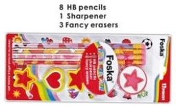 [AR8018] FOSKA-SET 6 CRAYONS A BOIS + 1 TAILLE CRAYON + 3 GOMMES AR8018