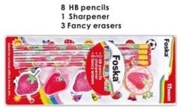 [AR8019] FOSKA-SET 8 CRAYONS A BOIS + 1 TAILLE CRAYON + 3 GOMMES AR8019