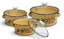 [111DG] Casserole emmaillé série de 3pcs , couvercle verre , couleur Cream et Blanc , ctn de 12 séries